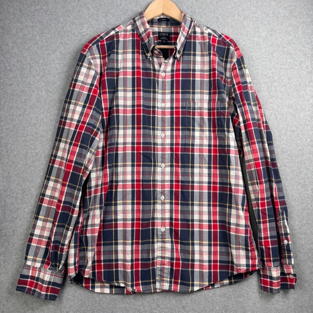 J Crew Shirt Mens XL Slim Red Blue Plaid Flex Washed Long Sleeve Button Up Fall